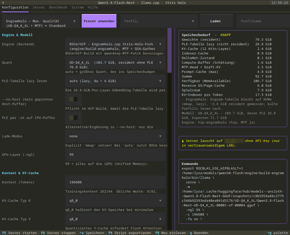Configuration tab of the terminal program: on the left selection fields for engine, quant, load mode and KV cache, on the right the memory budget with rating, warnings and the finished command line